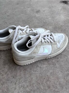 Nike Dunk Low Sneakers - White & Light Gray with Iridescent Swoosh